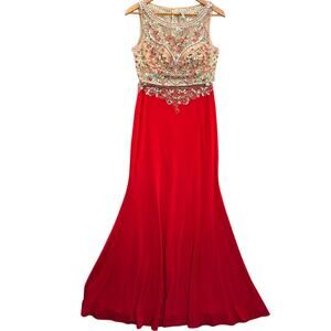 Dancing Queen Red Sequin Beaded 2 Piece Crop Halter Skirt Formal Prom Dress M